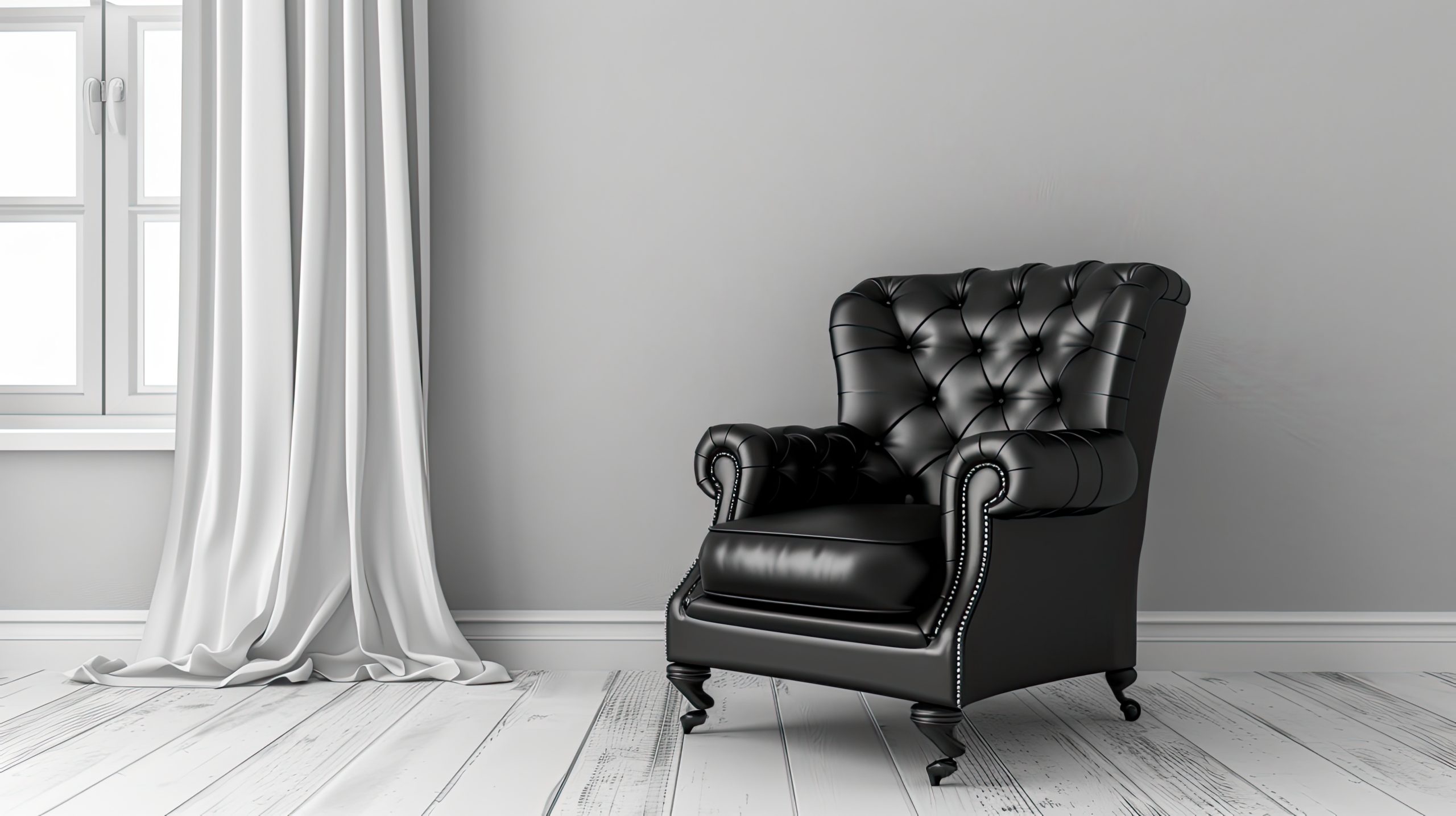A luxury black leather armchair in an upscale, minimalist interior setting,
